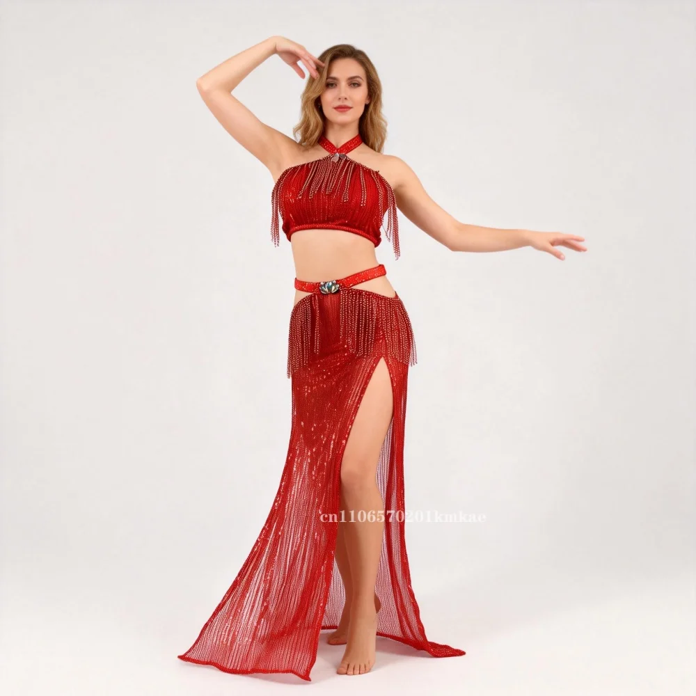 

New Belly Dance Female Elegant Tassel Top Practice Clothes Suit Bright Skirt Summer Profession Dancing Performance Clothing