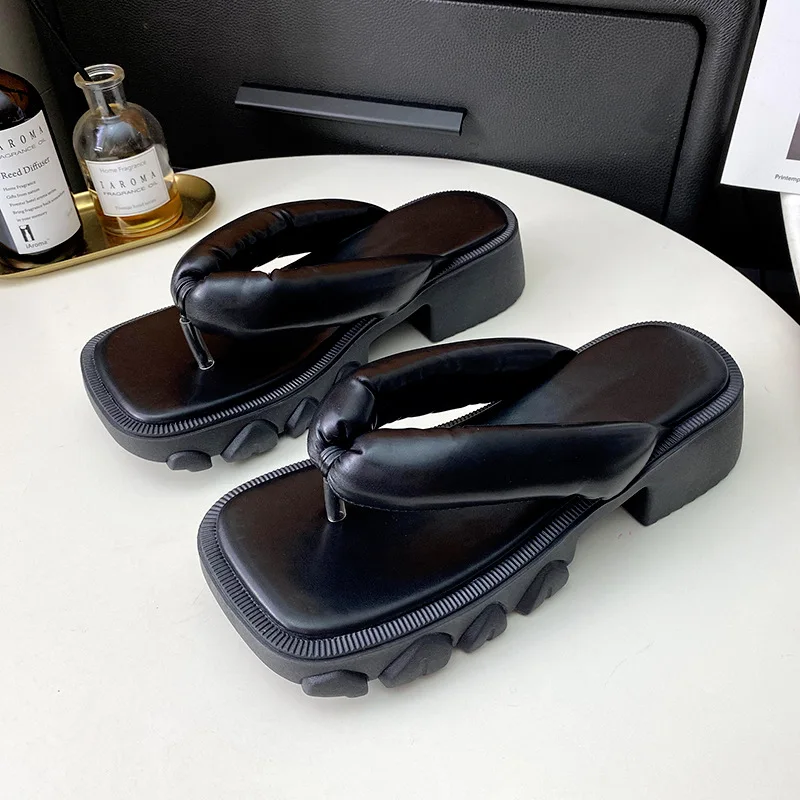 Square Toe Shoes Slippers Soft Slides Platform Fashion Low Rubber Flip Flops Summer Clogs Woman Pantofle Comfort Luxury Hawaiian