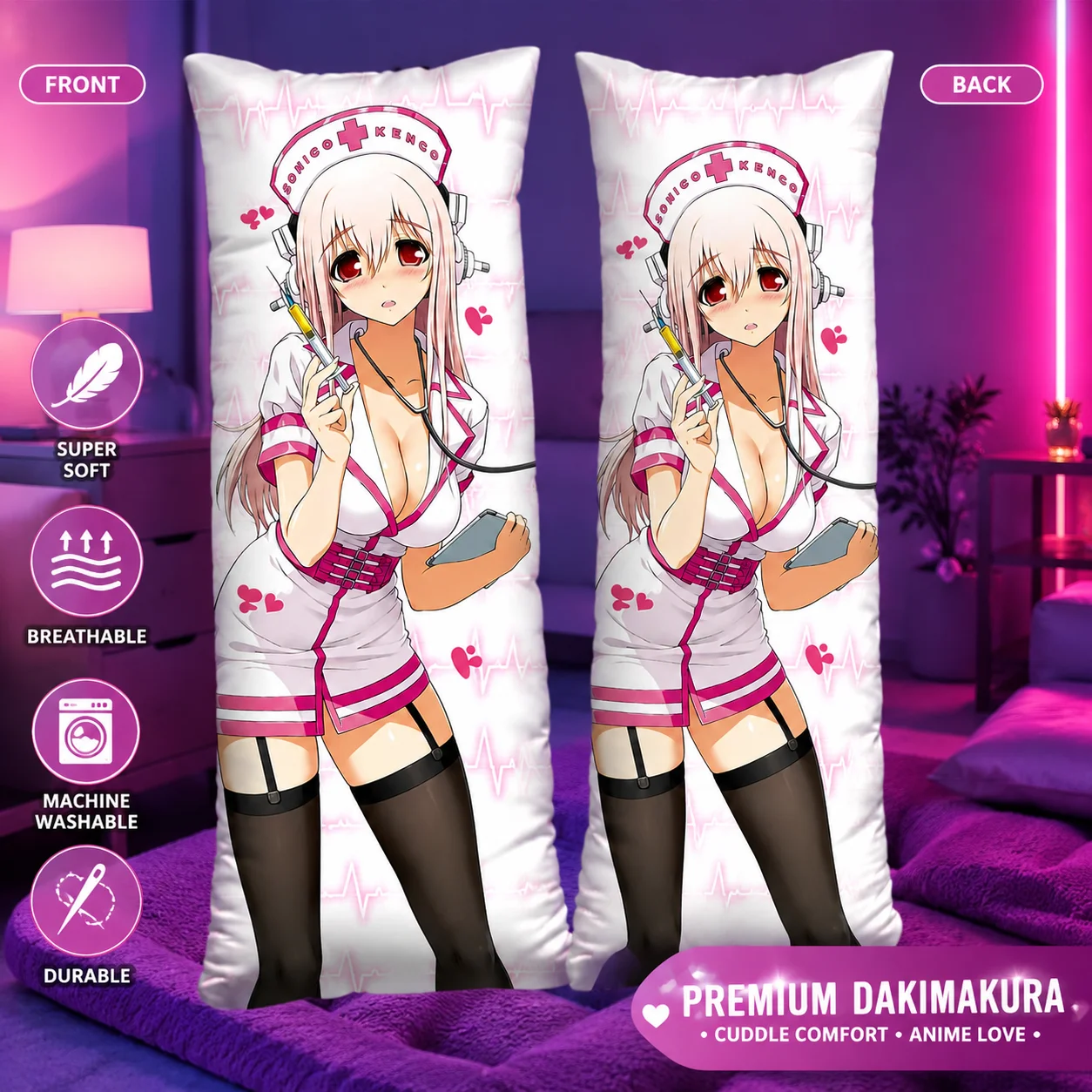 Super Sonico Nurse Outfit Dakimakura Pillow Cover, Anime Body Pillow Case