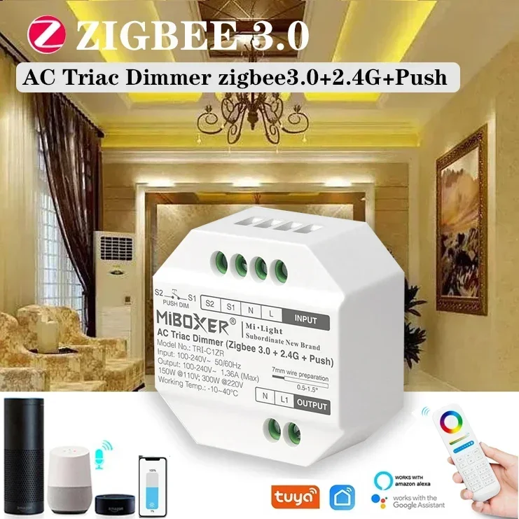 MiBoxer (ZigBee 3,0 + 2,4G) AC Triac atenuador interruptor de empuje RF atenuador de empuje TRI-C1ZR 110-240V aplicación/voz/Control remoto