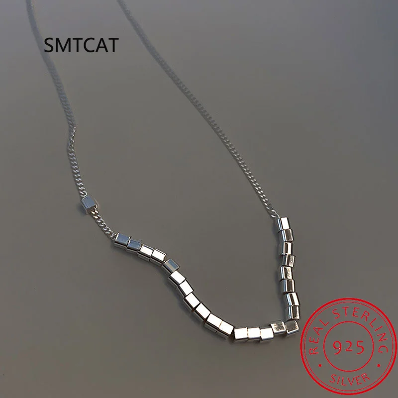 925 Sterling Silver Slide Block Sparkling Necklace Basic Chain Link Simple Fine Jewelry For Women Valentine\'s Day Gift