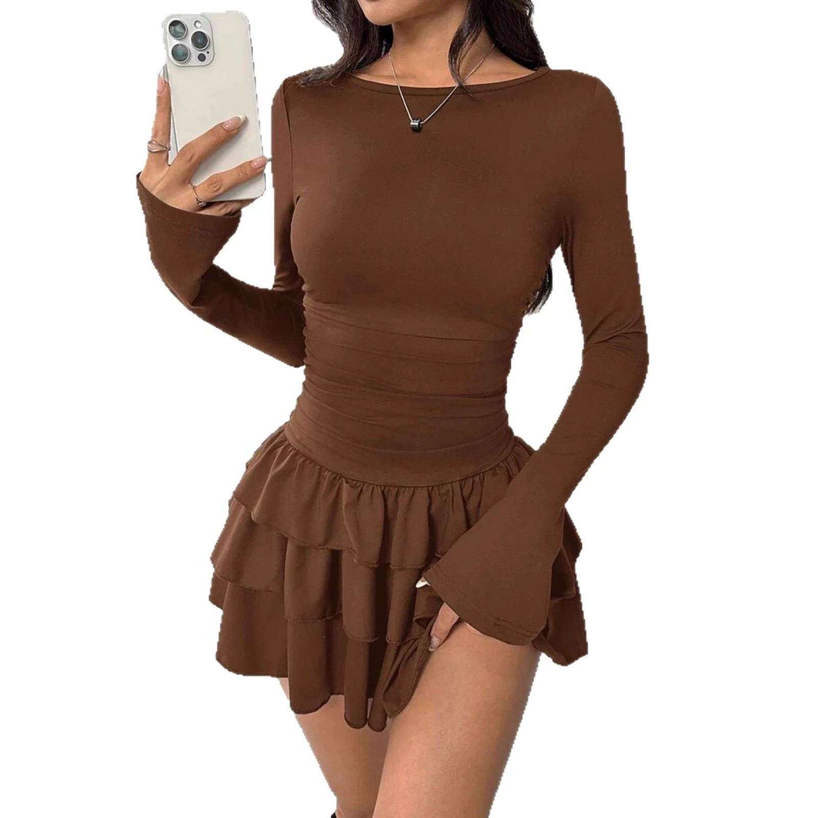Frühling Sommer Slim Fit Kaskaden-Rüschen Minikleid Damen Elegant Trompetenärmel Hohe Taille Sexy Party Bodycon Minikleider