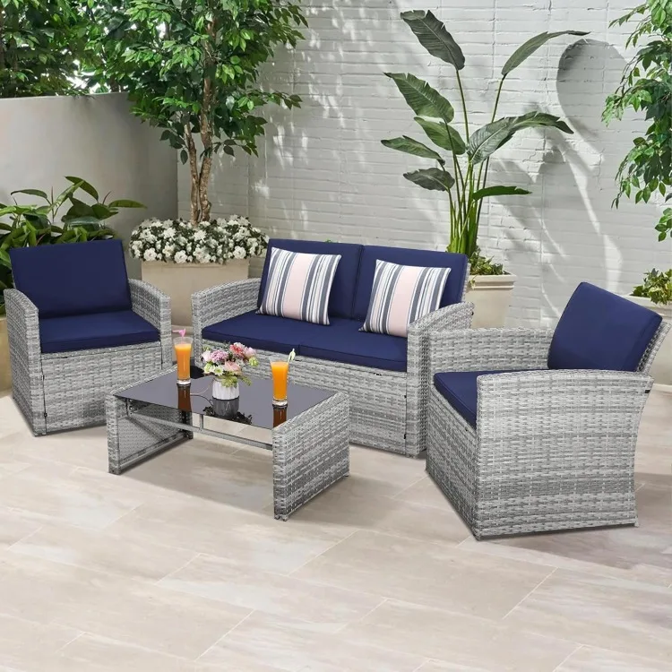 4 Pieces Patio Conversation Set, Outside Rattan Sectional Sofa, Cushioned Furniture Set, Wicker Sofa Ideal for Garden, Porch