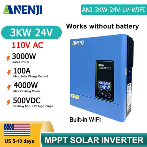 ANENJI 3KW 110V Off Grid Hybrid Inverter 24V MPPT 100A 500VDC PV 4000W Solar Charger Pure Sine Wave Inverter for Home