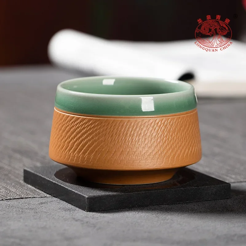 Longquan Celadon Pure Handmade Jumping Knife Double Glaze Combined Zen Creative Master Tea Cup Tea Set Kung Fu