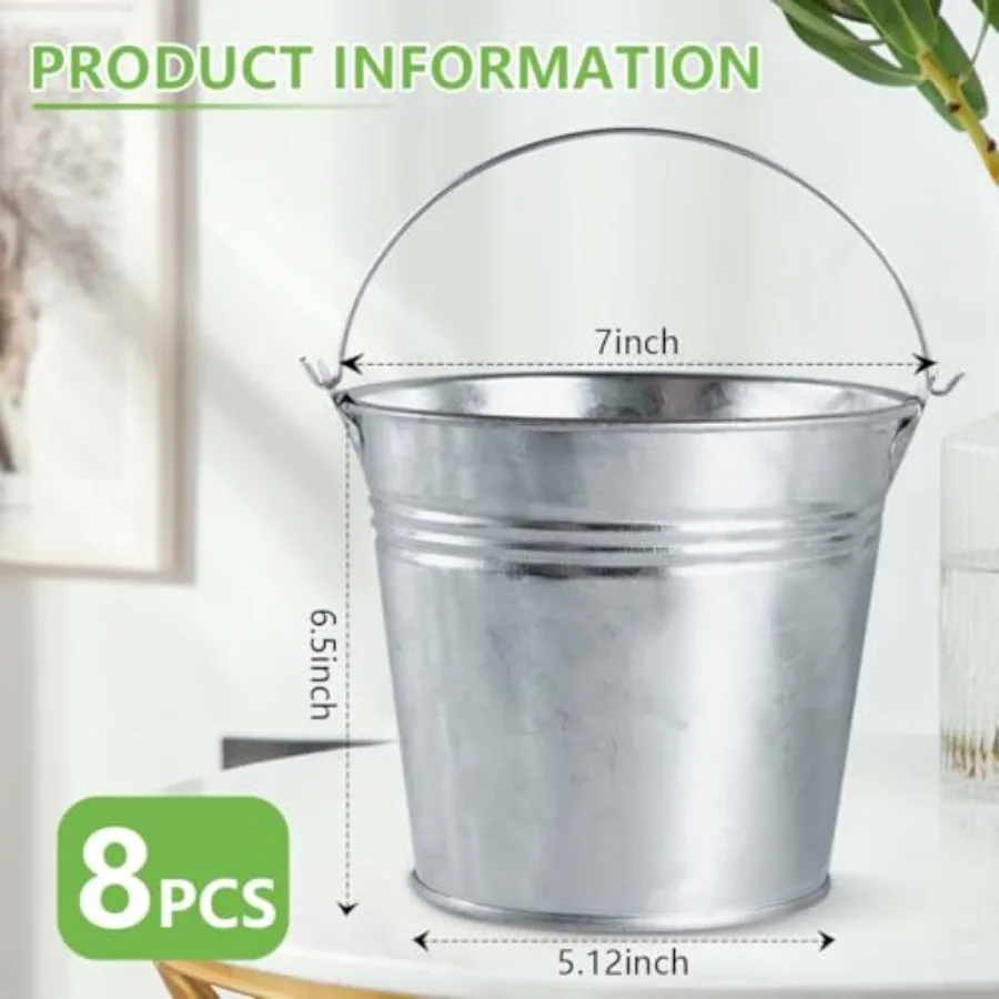 8 Pack Galvanized Metal Buckets with Handle Ice Pails for Plants, Succulents, Party Favors Organizing, Rustic Home Decor or Cla