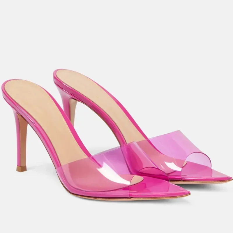 Concise Slippers For Women Pointed Toe Slip On Mules Office Lady Stiletto High Heel Spring Summer Sandals Nude White Plus Size