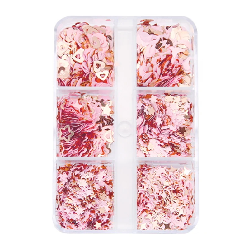 Pink Gold Nail Glitter Sequins with Mix Star Moon Cherry Blossom & Love Heart Flakes for Manicure Decorations Nail Accessories