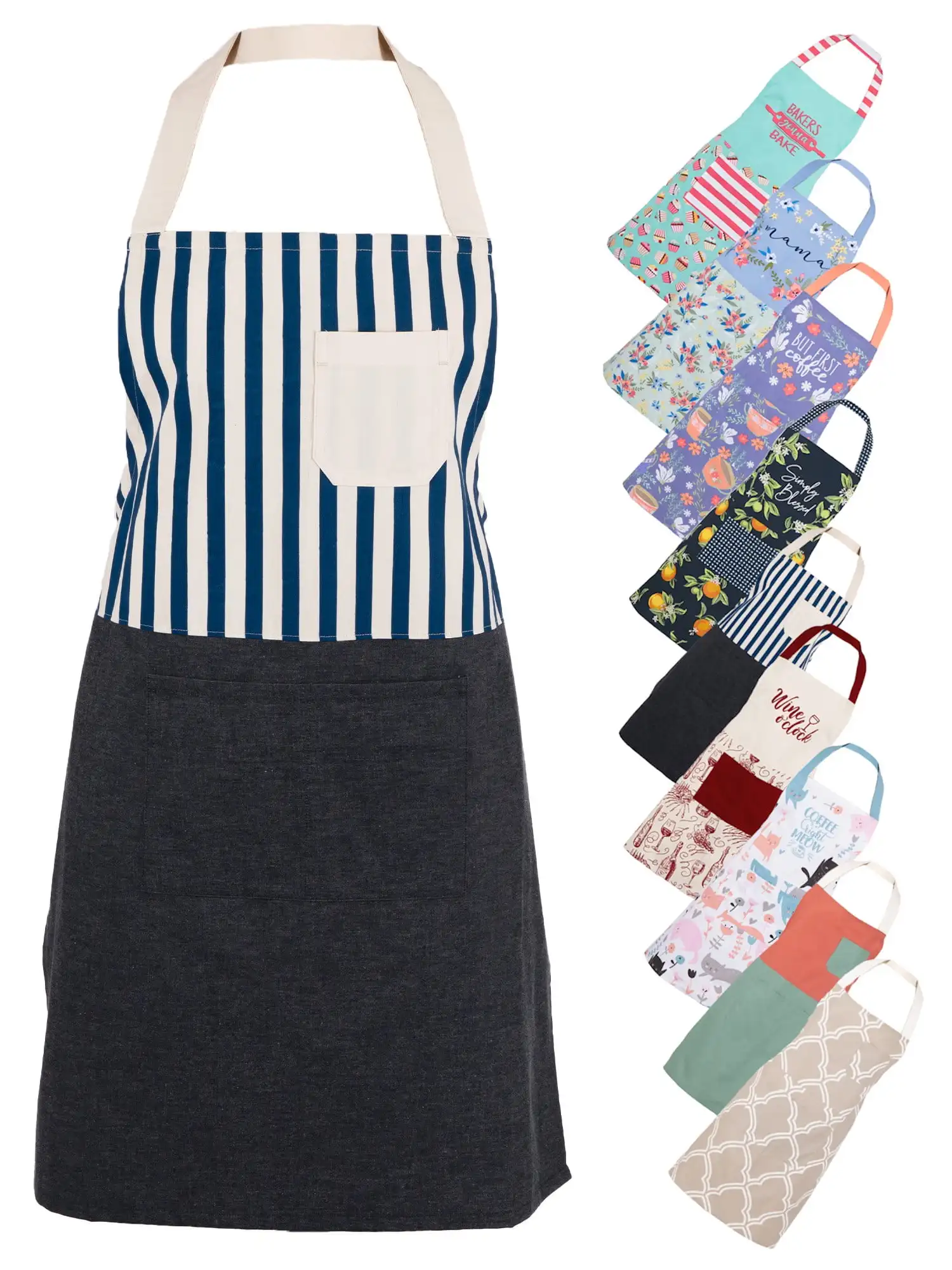 مريلة مطبخ من Mainstays Chef، مريلة قطن مخططة مقاس 28 بوصة × 32 بوصة مع جيوب للطهي والخبز والبستنة باللون الأزرق الداكن