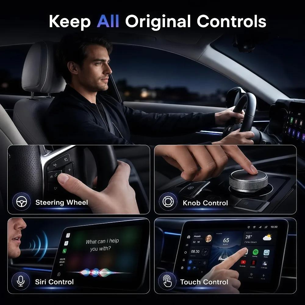 4-in-1 Wireless CarPlay Adapter Wired to Wireless Convert Support AirPlay Mirror Link Mini Car Play Dongle Bluetooth Plug & Play