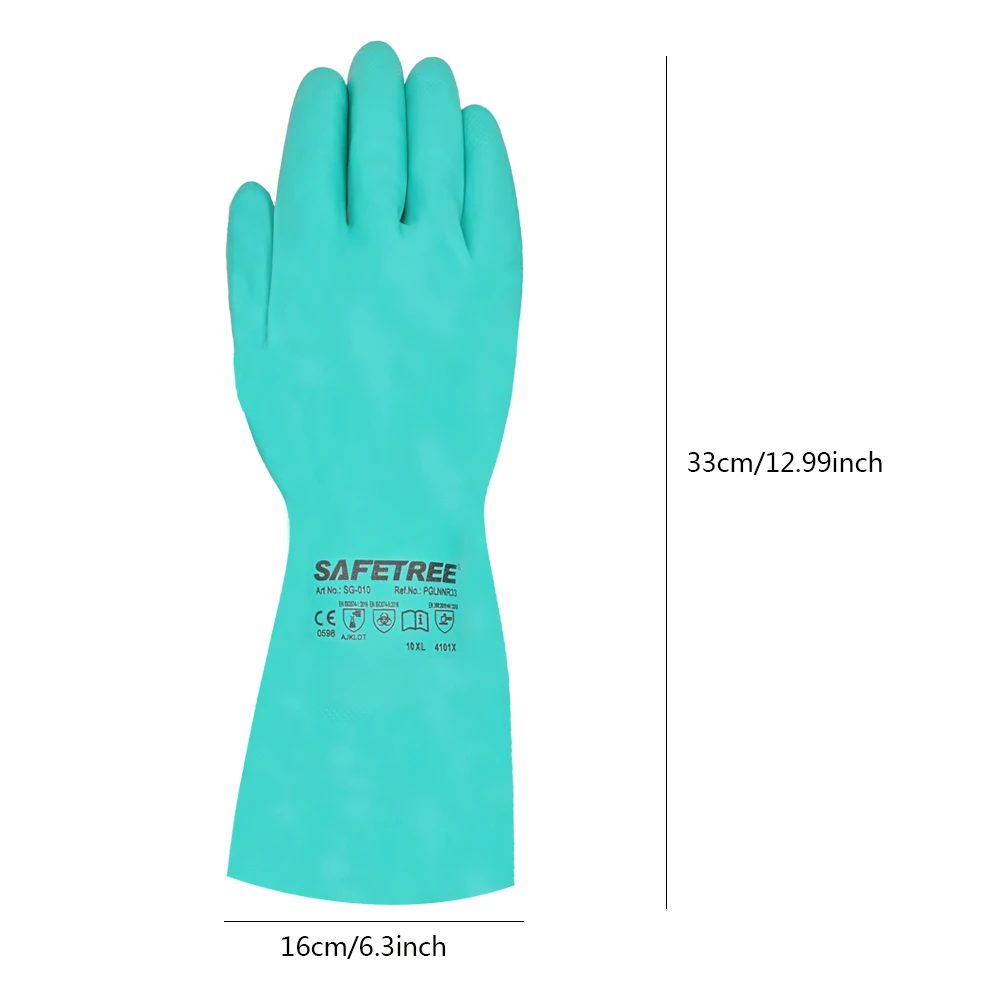 SAFETREE 15mil 33cm Green Nitrile Chemical Resistant Gloves Latex-Free Heavy Duty Oil&Acidproof MICROORGANISMS Safe Glove