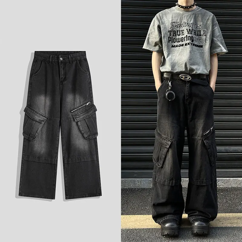 

Spring Autumn New Fashion Men's Vintage Multi Pocket Washed Loose Wide Leg Straight Black Casual Trendy Jean Trousers Male Pants
