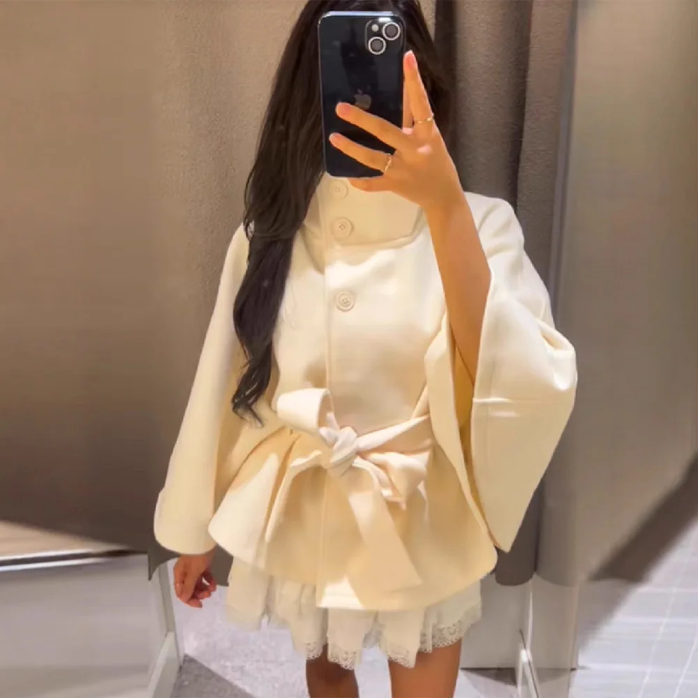 2025 New Women Beige Short Wool Blend Coat Stand Collar Waist Tie Belt Flared Sleeve Elegant Autumn Winter Multi Color Options