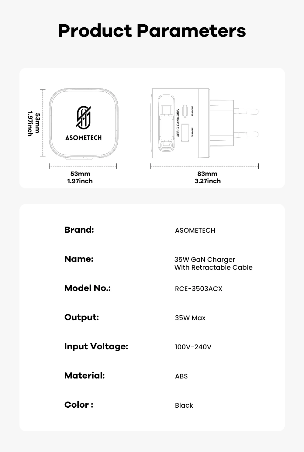 ASOMETECH 35 W GaN USB C Ladegerät mit Typ C einziehbarem Kabel 3 USB PD3.0 QC3.0 PPS Schnelles USB-Ladegerät für iPhone 17 iPad Samsung – Detail 11