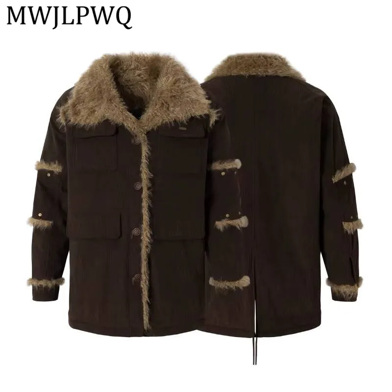 

MWJLPWQ Вельветовая рабочая одежда в стиле ретро, хлопковые пальто средней длины для мужчин, деконструированные зимние высококачественные свободные топы с меховым воротником 21850