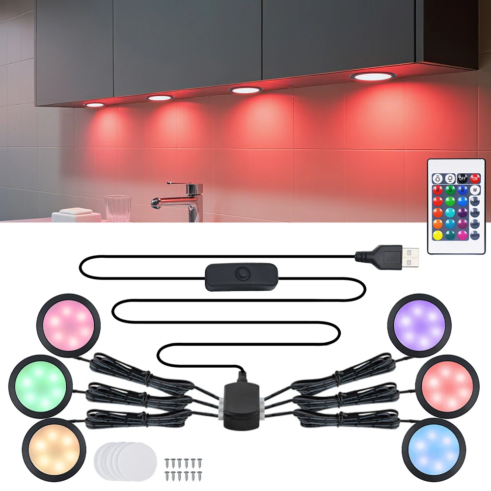 1/2/4/6 Lamp RGB LED Under Cabinet Light 5V USB Power 24Key Remote Control Switch Kit for Kitchen Display Case Home Bar Lights