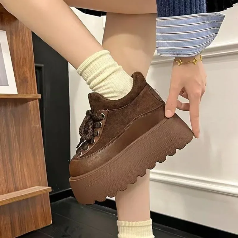 

Women Winter Thick Plush Up Loafers Imitation Deer Skin Splicing Round Toe Shoes 6cm Thick Sole Casual Shoes Leather Autumn