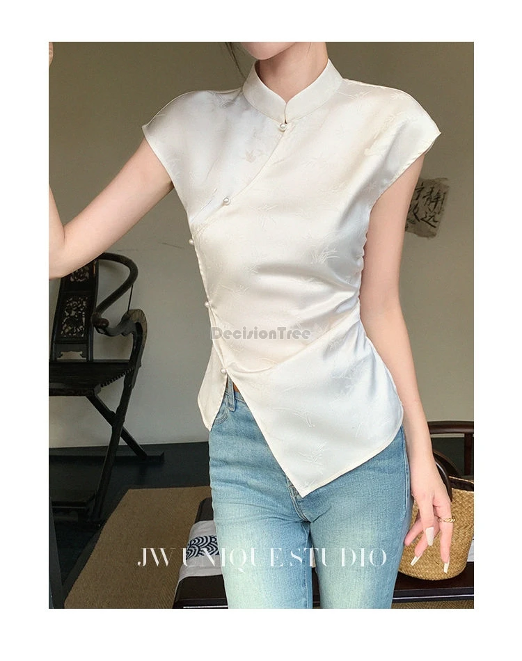 2024 new improved chinese ethnic style cheongsam top elegant national solid color jacquard lady party blouse irregular split top