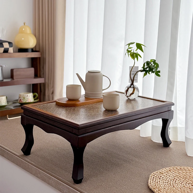 

New Chinese simple bay window rattan tea table balcony small coffee tatami floor solid wood leisure low