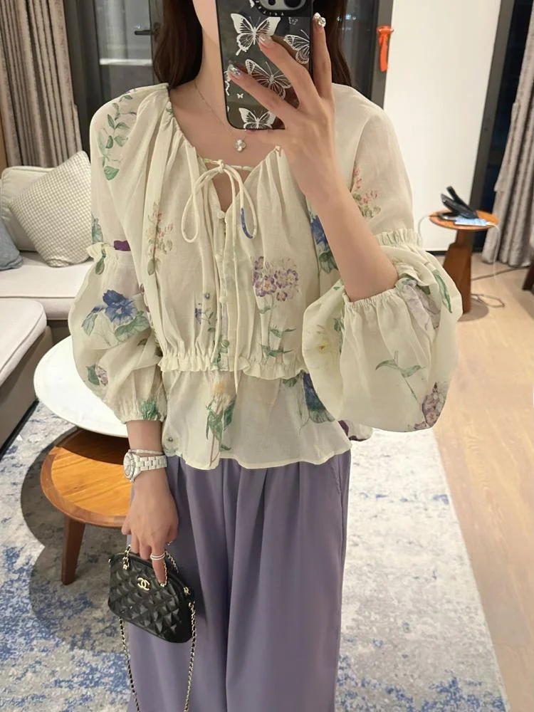 เสื้อผ้าผู้หญิงใหม่ 2025 ผ้าฝ้ายลินิน ลายดอกไม้ฤดูร้อน แขนยาว ไซส์เล็ก สไตล์สปริงแฟชั่น