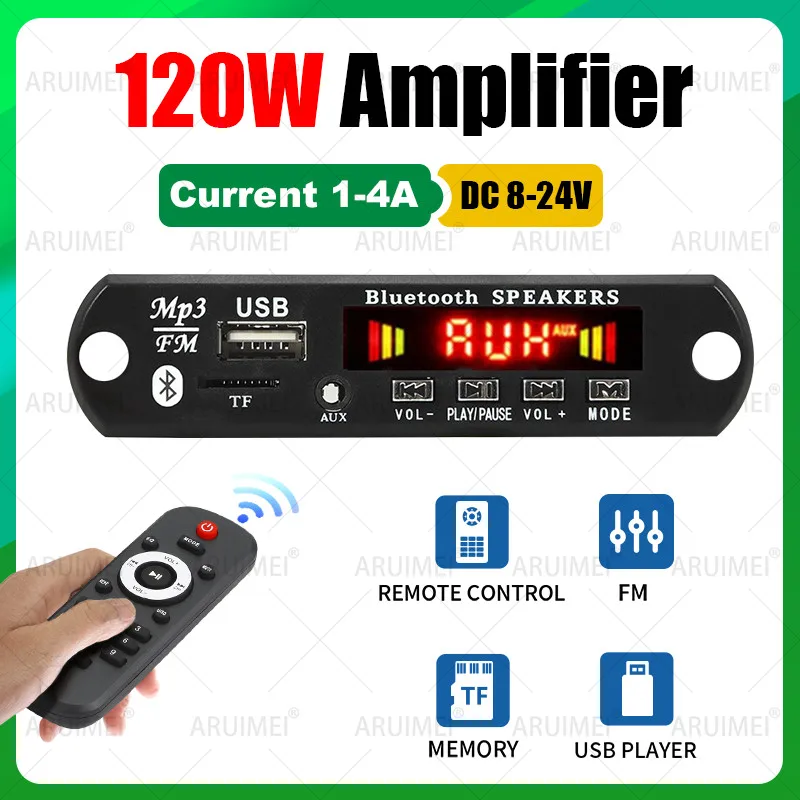 120W Amplifier DC 8-24V MP3/WAV Decoder Board Bluetooth 5.0 USB/TF/FM Car Audio System with Call Recording & Remote Control