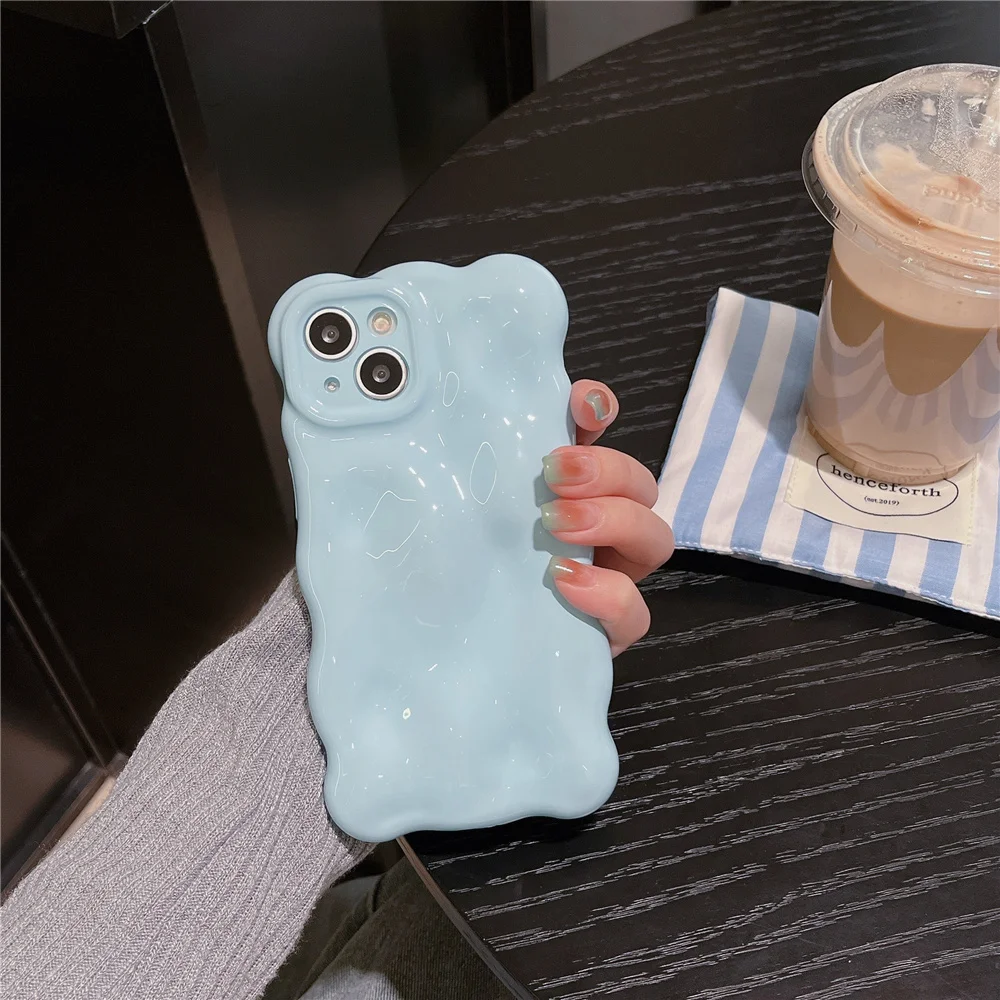 Luxury Bumper Soft gloss Silicone Phone Case for iPhone 14 ProMax 11 12 13 Pro Max wavy Blue Solid Color Shockproof Cover