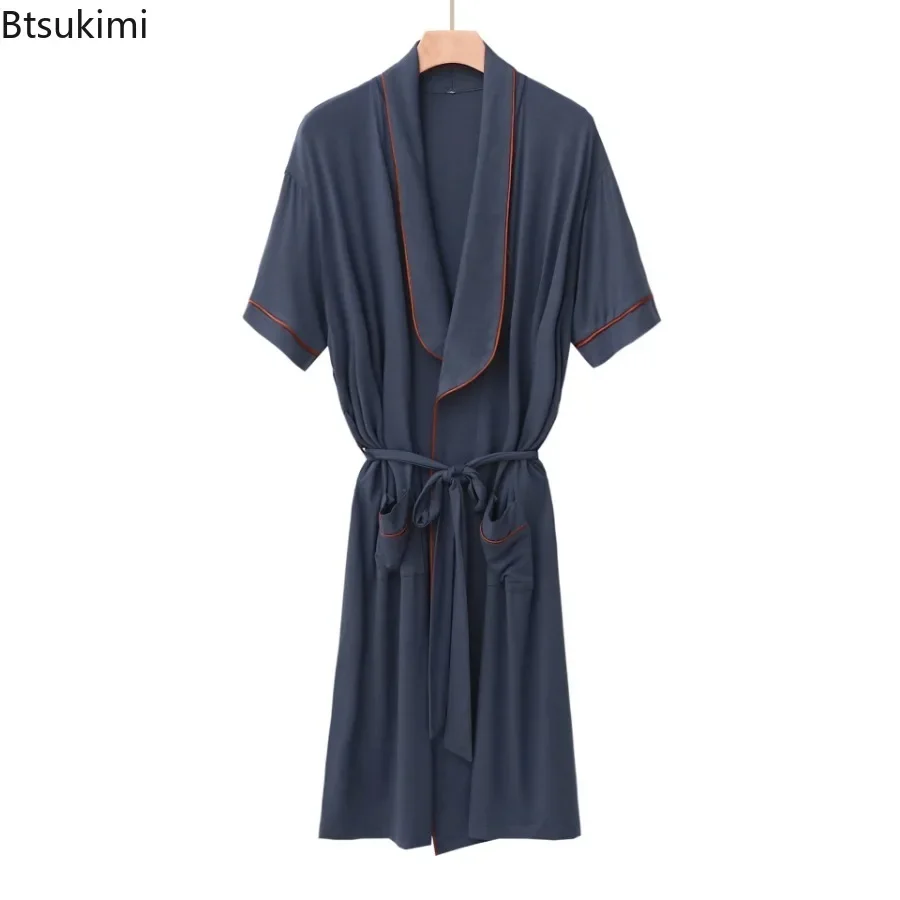 2024 Men's Plus Size Home Clothes Short-sleeved Cardigan Mid-length Men Kimono Bathrobe with Waist Lace-up Pajamas Bathrobe Male