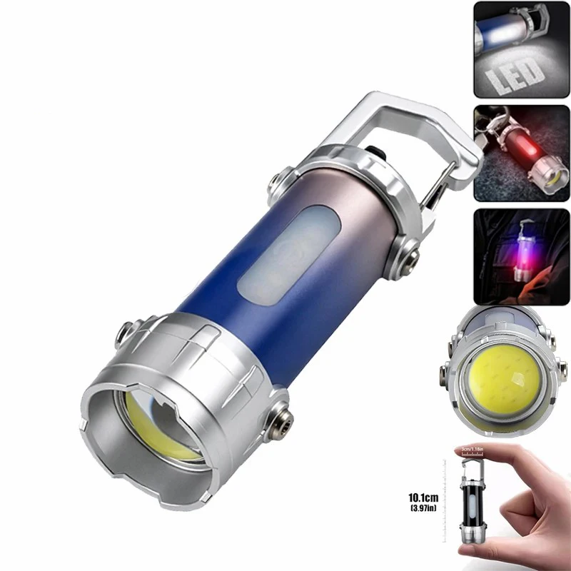 

F2 Mini Rechargeable COB Flashlight Red and Blue Light Outdoor Portable Camping Hook Tent Lamp Handheld Keychain Flashlight