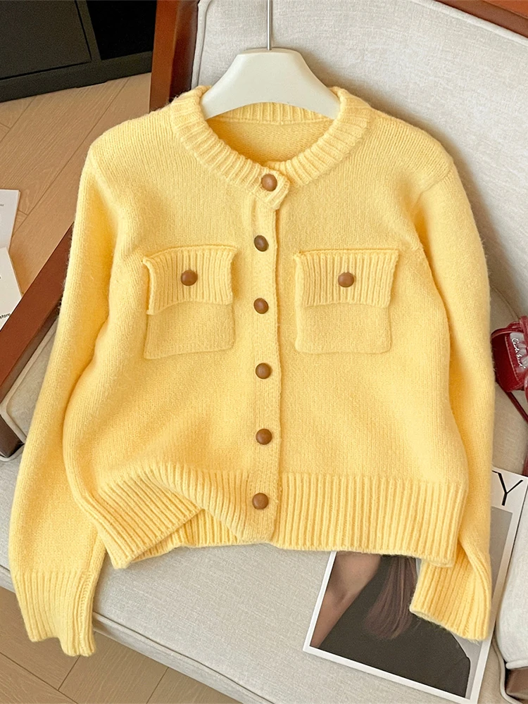 Women Yellow Cardigan Sweater Harajuku 90s Vintage Korean Y2k Long Sleeves O-Neck Cashmere Sweaters Jumper 2000s Clothes Autumn