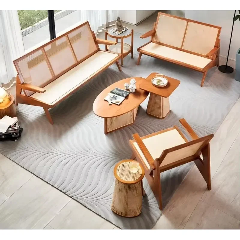 Handwoven Rattan Coffee Table With Solid Teak Wood Boho Coastal Or Mid-Century Modern Style Center Table For Hotel