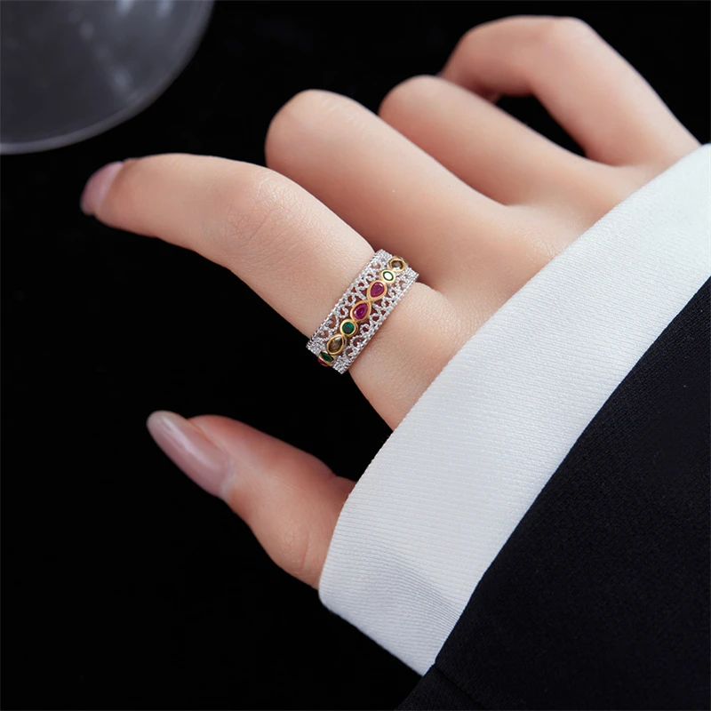 925 Sterling Silver Two Tone Colorful Zircon Wide Open Rings For Women Vintage Lace Hollow Craft Court Style Chic Ring Gift