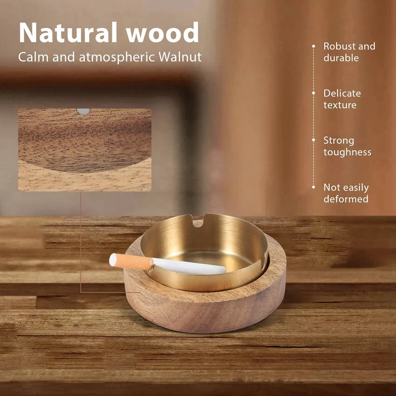 3X Walnut Ashtray With Lids Windproof Wooden Ashtray Portable Ash Holder For Smokers Desktop Office,Men's Gift(Gold)