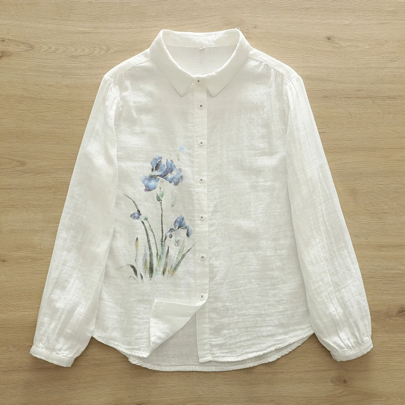

Women's autumn clothes cotton yarn elegant lady clothes women long sleeve blue floral white shirts blouse japanese blouses