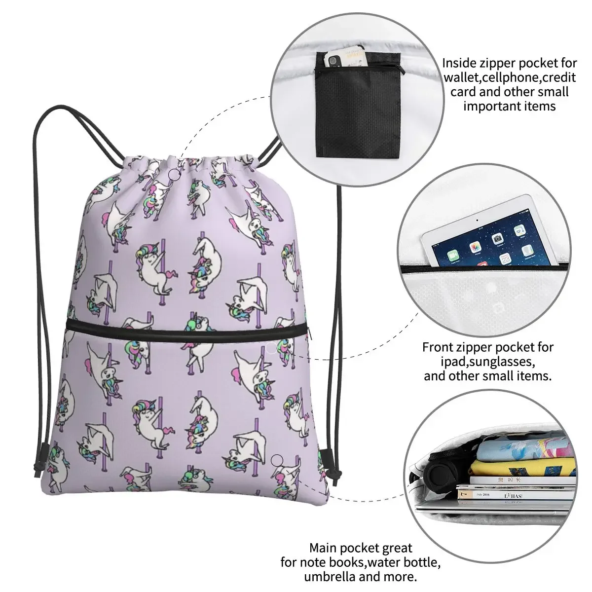 Mochilas portátiles de unicornio para Pole Dancing Club, bolso con cordón informal, paquete de bolsas de artículos diversos para estudiantes escolares