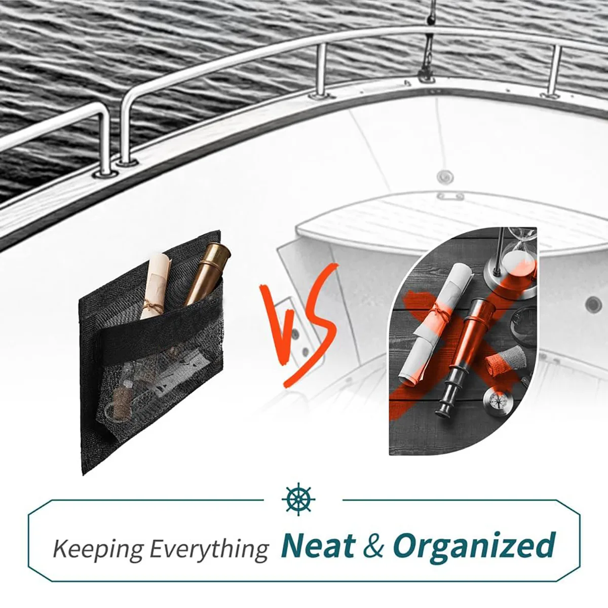 حقيبة تخزين القارب، منظمة دعم ذاتية اللصق، سهلة التركيب والإزالة، حقيبة شبكية لحامل منظم بحري خفيف الوزن