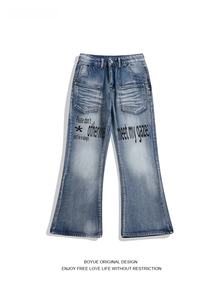 

Boyue American Retro Letter Print Flared Jeans Men's Women's Versatile Hip Hop Trendy Design Long Pants Casual Cotton Blend