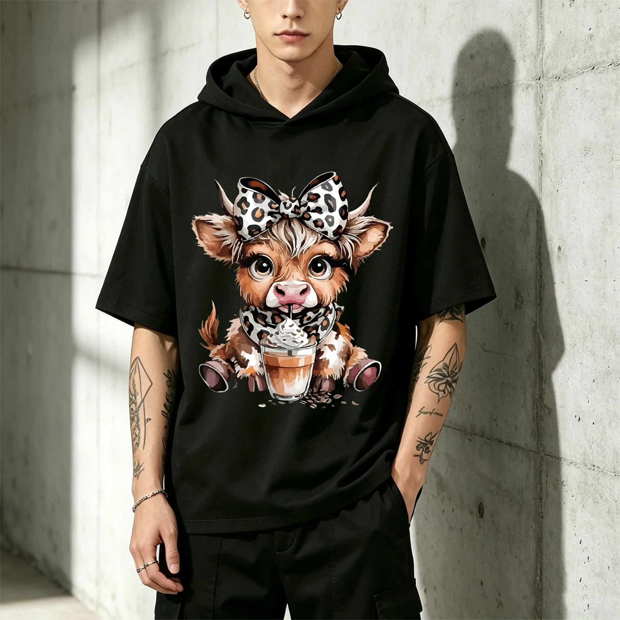 Plus Size Short Sleeve Round Neck Casual Short-sleeved hoodie Tee With Cute Leopard Calf Print, Perfect For Everyday Party Wear Unisex