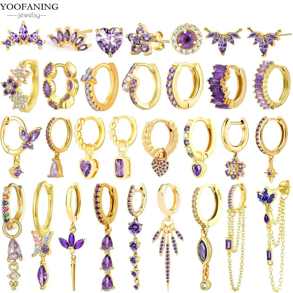 

High Quality 925 Sterling Silver Needle Star Purple Crystal Zircon Hoop Earrings Women Minimalist Stud Earrings Fashion Jewelry