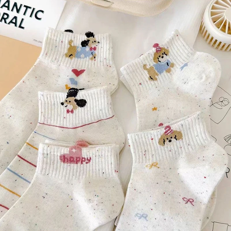 Dreamlikelin 5Pairs/lot Korean Style Cute Autumn Cartoon Women's Ankle Socks Dogs Print Breathable Student Short Socks