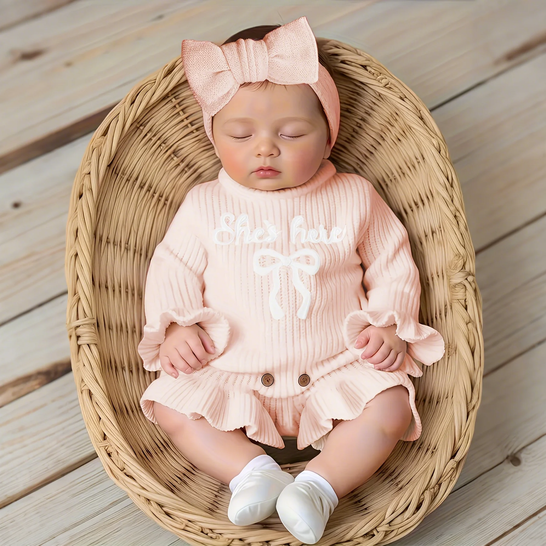 

2Pcs Set Knitted Newborn Photography Outfits with Bow Headband Bow Embroidery Baby Girl Ruffle Romper Infant Knitting Sweater