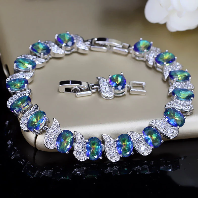 ThreeGraces Mystic Blue Cubic Zirconia Crystal Geometric Oval CZ Link Chain Bracelet for Women Fashion Party Jewelry BR364