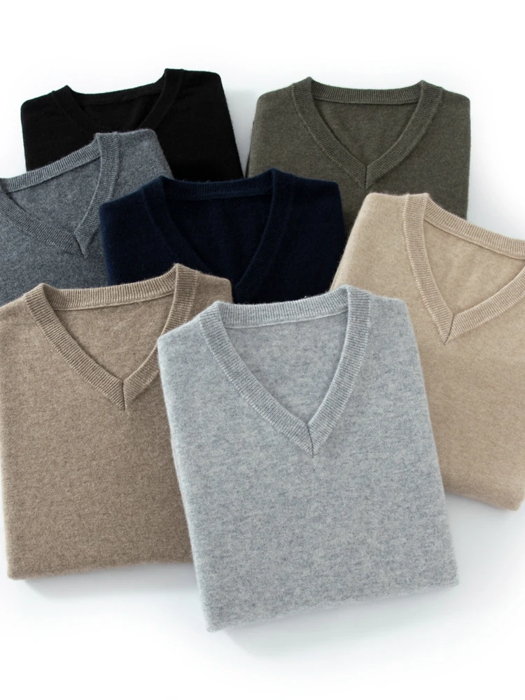 

Classic 100% Cashmere Sweater Men V-neck Basic Pullovers Spring Autumn Winter Warm Comfy Cashmere Knitwear High Quality Tops ﻿