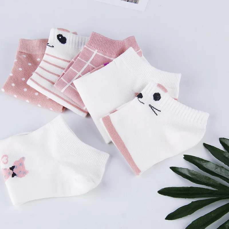 5 Pairs Women's Short Tube Socks Pink Cat Thin Four Seasons Cute Boat Sockslow Top Ins Trendy Socks image 4