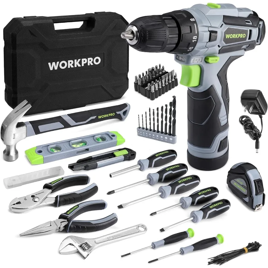 

108PCS Home Tool Kit with 12V 1.5 Ah Battery Powered Screwdriver and Keyless Chuck Variable Speed Cordless Drill Set in