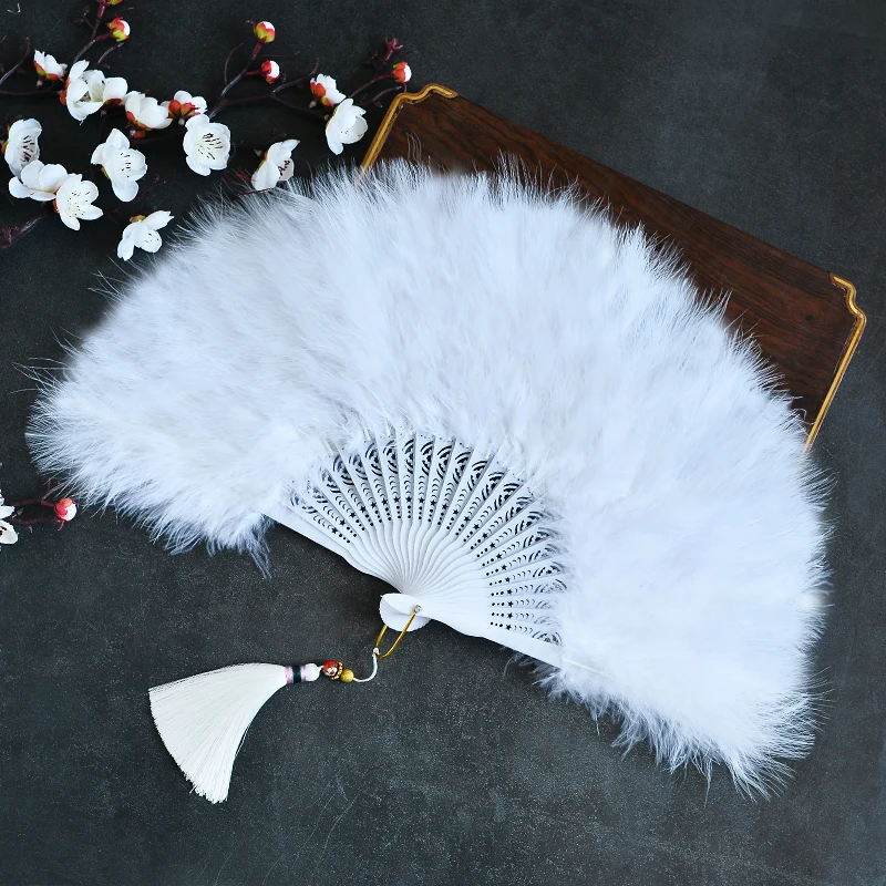 Chinese Style Han Costume Cheongsam Catwalk Dance Stage Performance Feather Folding Fan Women's Retro Portable Props