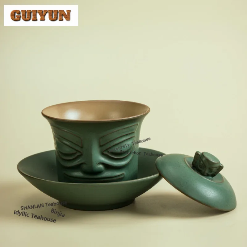 180ml Sanxingdui Bronze Mask Ceramic Gaiwan Vintage Tea Tureen Tea Bowl With Lid Kit Tea Maker Cover Bowl For Tea Collection