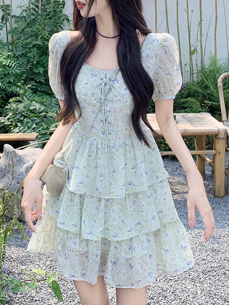 

Elegant Party Floral Dress Women Causal Slim Sweet Short Sleeve Dress Office Lady Kawaii Y2k Mini Dress Beach Style 2023 Summer