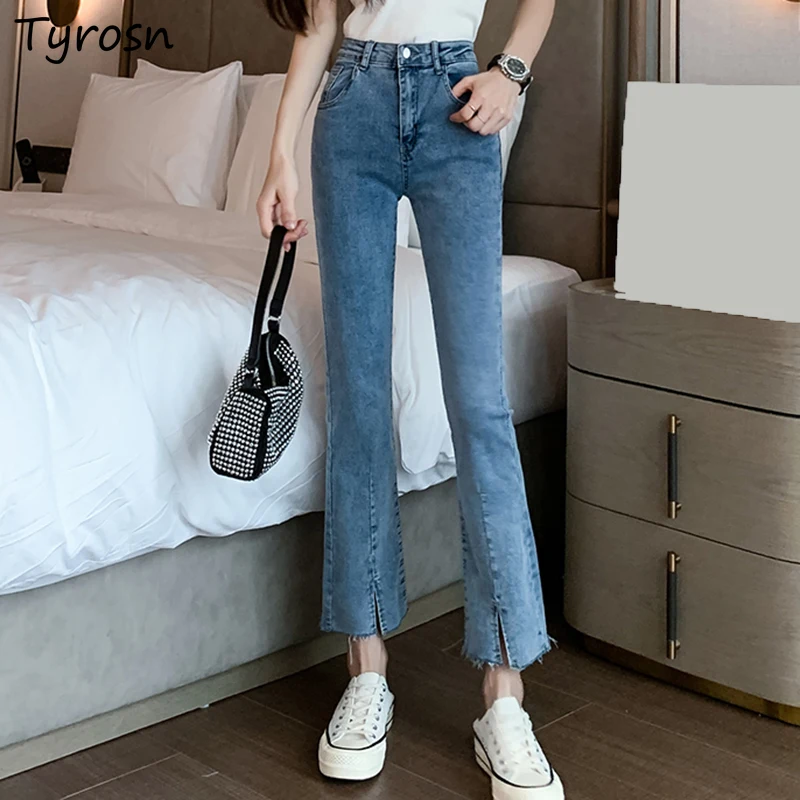 Fashion Jeans Women High Waist Skinny All-match Leisure Simple Pure Korean Style Ladies Empire New Front-slit Flare Pants Summer