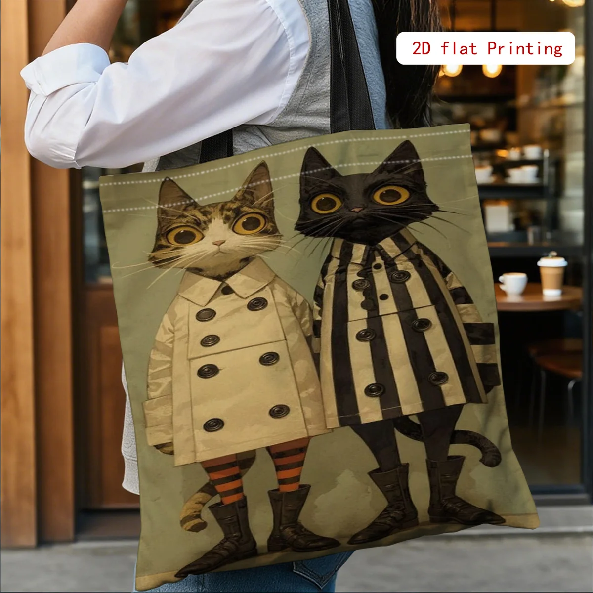 1pc Tote Bag • New Distressed Brown Bottom Vintage Striped Suit Cat Illustration Print • Suitable for Vintage Outfits