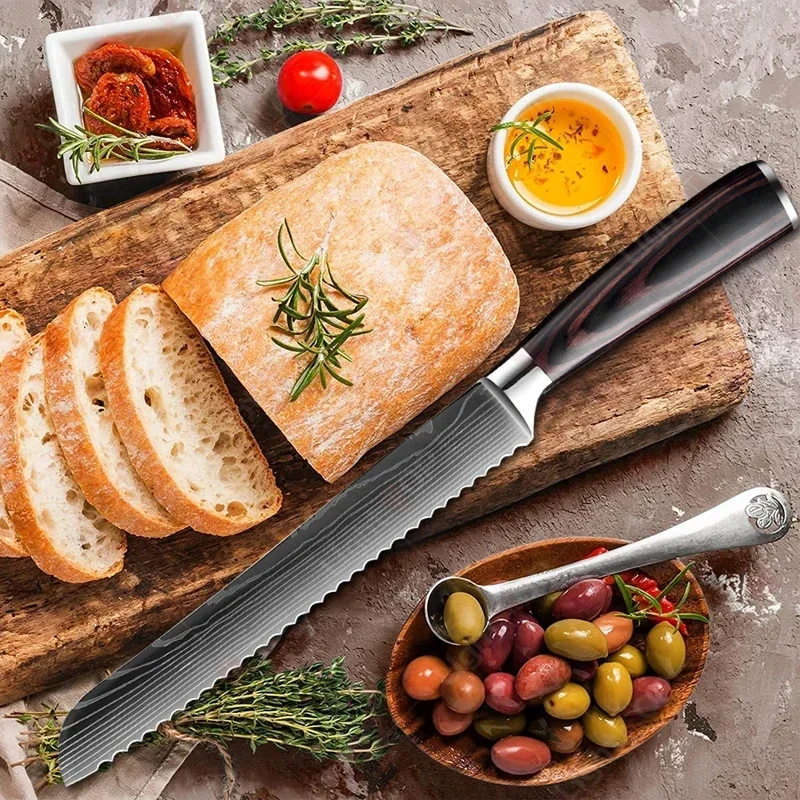 8 Inches Bread Knife Kitchen Knife Cutting Bread Cheese Knife Laser Damascus Knives Wooden Handle Professional Kitchen Knives